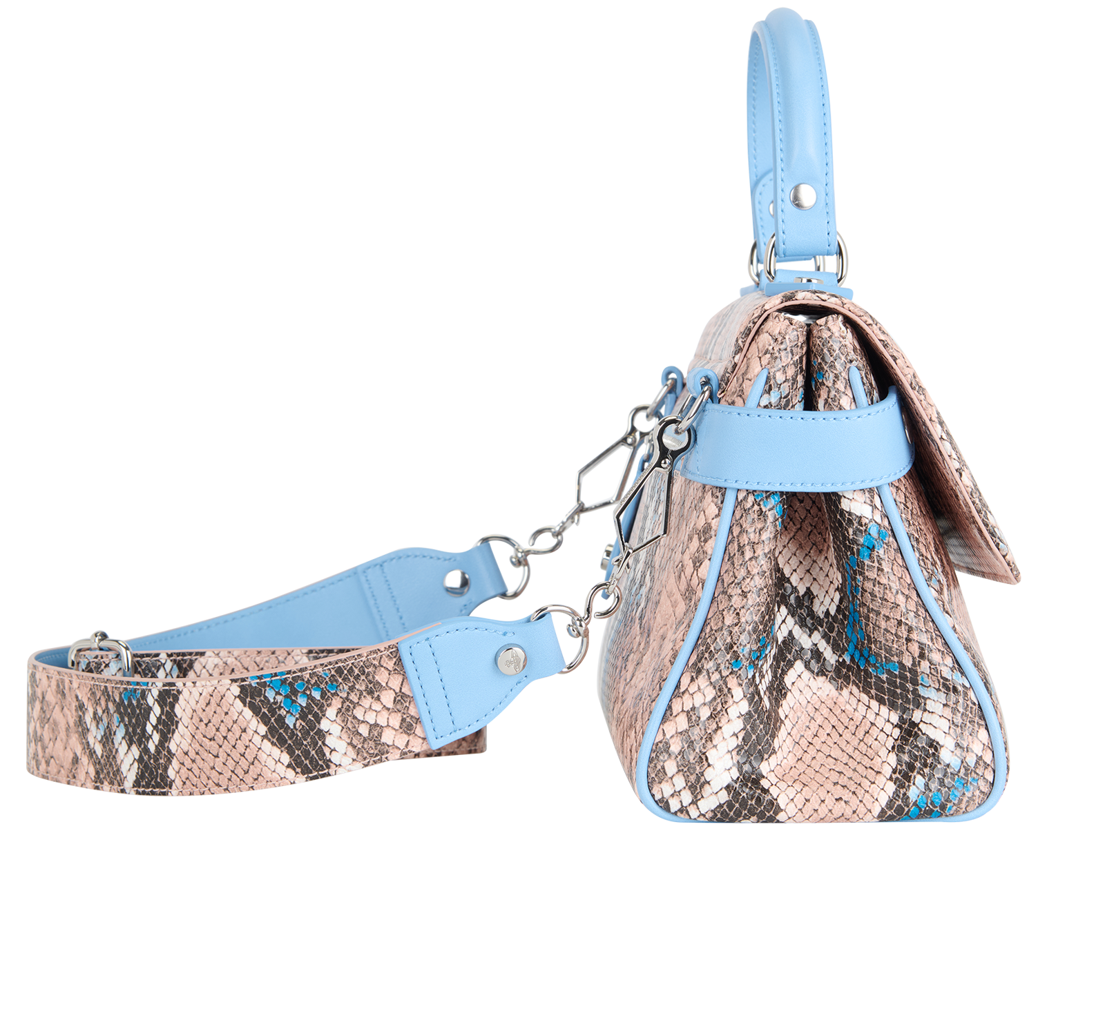 Snake Embossed Top Handle Bag, &pound;195, Handbags, Blue/Pink, Faux Leather, Side view